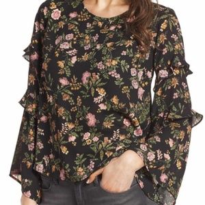 Floral + Black Top with Bell Sleeves